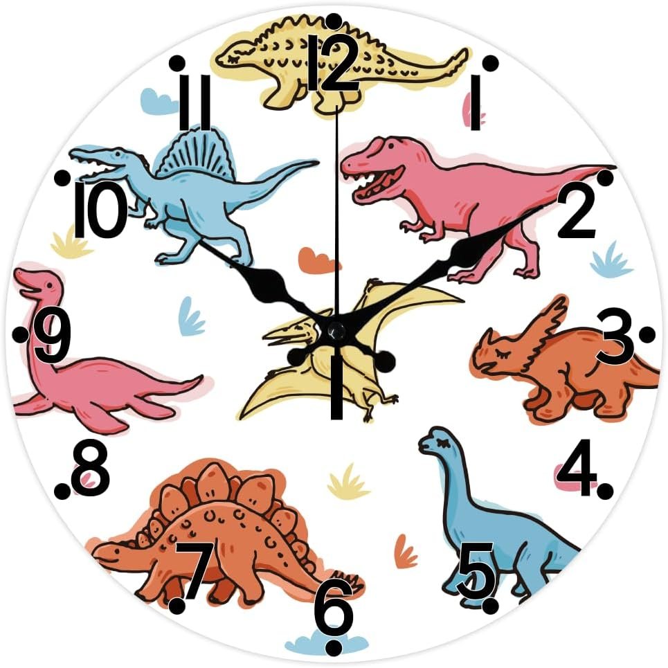 CHGCRAFT Dinosaurs Pattern Wall Clock 12 Inch Non-Ticking Clocks Tyrannosaurus Pterosaur Pattern Round Wall Hanging Clock Battery Operated for Bedroom Living Room Kitchen Office