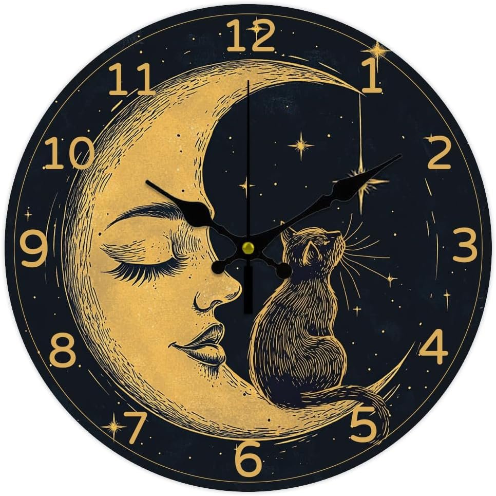 CHGCRAFT Moon Wall Clock 12 Inch Battery Operated Clocks Stars Cat Non Ticking Silent Wall Clock Decorative Clocks for Kitchen Living Room Bedroom Home Decor