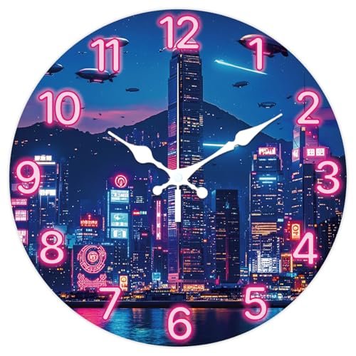 CHGCRAFT Neon City Wall Clock 12 Inch Cyberpunk City Clock Battery Operated Silent Non Ticking Round Decorative Clocks for Home Office Decoration