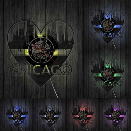 Chicago City Architecture Wall Art Wall Clock Home Decor Chicago Skyline Cityscape Vinyl Record Wall Clock USA Travel Souvenir With LED