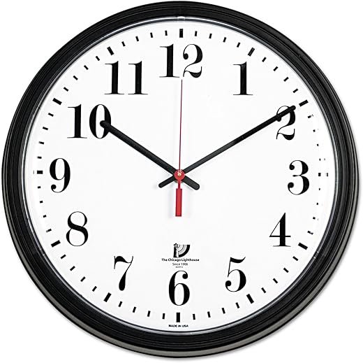 Chicago Lighthouse Black Quartz Contract Clock, 13.75 Overall Diameter, Black Case, 1 Aa (Sold Separately)