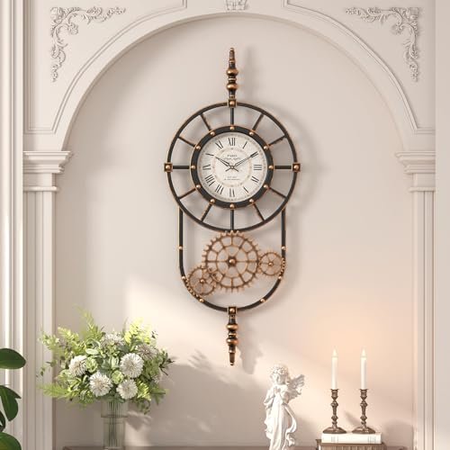 ChimeTide Large Industrial Steampunk Decor Vintage Wall Clock, Antique Gold Black Metal Wall Clocks for Living Room Farmhouse (23" H x 14" W)