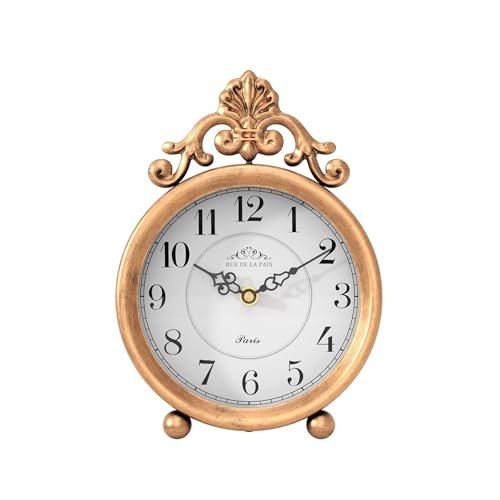 ChimeTide Vintage Gold Table Clock, Desk and Shelf Mantel Clock, French Rustic Antique Style Decor Clocks, for Farmhouse, Bedroom, Living Room, Bedside, Gift (9" H x 6.3" W)