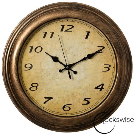 Clockswise 16 Round Vintage Decorative Chiming Wall Clock Battery-Operated with Chime & Non-Ticking Feature Ideal for Farmhouse Office Living Room Kitchen Bedroom Classroom & Home Decor, Rustic Gold