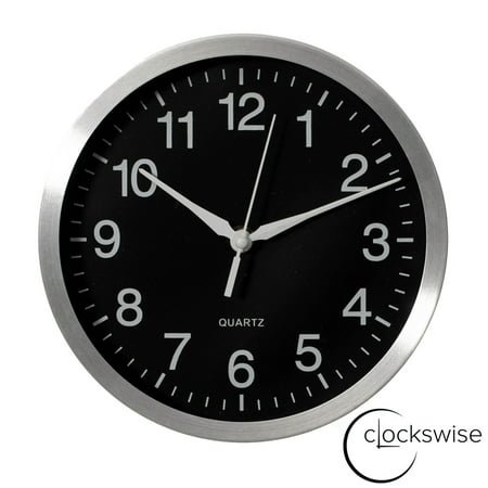 Clockswise 8-in Round Quartz Wall Clock Non-Ticking Battery Operated with Silent Sweep Movement, Aluminum Silver Frame, Perfect for Home Kitchen Office Living Room Study Hallway Classroom, Black Face