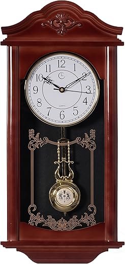 Clockswise Large Vintage Grandfather Wood- Looking Plastic Pendulum Wall Clock for Living Room, Kitchen, or Dining Room, Large White (Yellow) (Brown)