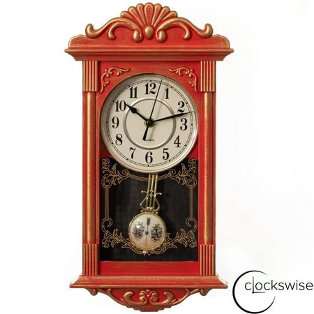 Clockswise Vintage Grandfather-Style Wall Clock with Wood-Effect Plastic Pendulum, Battery-Operated - for Home Decor, Living Room, Home Office, Kitchen or Dining Room – Red with Distressed Finish