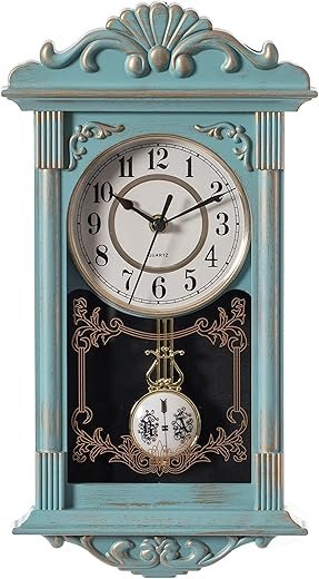 Clockswise Vintage Grandfather-Style Wall Clock with Wood-Effect Plastic Pendulum Battery-Operated for Home Decor Living Room Home Office Kitchen or Dining Room White, 16 Inch (Blue, 16 Inch)