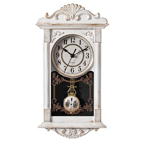 Clockswise Vintage Grandfather-Style Wall Clock with Wood-Effect Plastic Pendulum Battery-Operated for Home Decor Living Room Home Office Kitchen or Dining Room (White, 16 Inch)