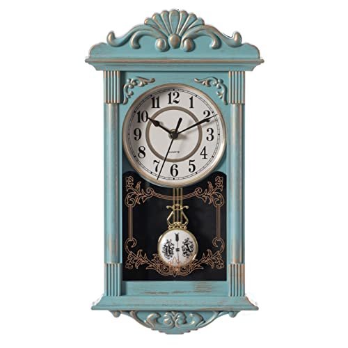 Clockswise Vintage Grandfather-Style Wall Clock with Wood-Effect Plastic Pendulum Battery-Operated for Home Decor Living Room Home Office Kitchen or Dining Room (Blue, 16 Inch)