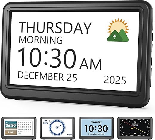 Clock with Day and Date for Elderly, 7 Large Display Digital Calendar Day Clock with 20 Custom Alarms and Medicine Reminders, 12 Display Modes, Dimmable Dementia Alzheimers Clocks for Seniors