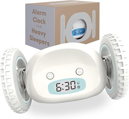 CLOCKY Alarm Clock on Wheels – Loud Rolling Alarm Clock for Heavy Sleepers | Runaway Clock That Jumps & Runs to Wake You Up | Funny Unique Gift for Adults & Teens (White)