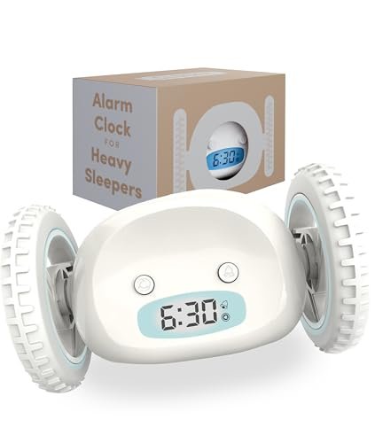 CLOCKY Alarm Clock on Wheels – Loud Rolling Alarm Clock for Heavy Sleepers | Runaway Clock That Jumps & Runs to Wake You Up | Funny Unique Gift for Adults & Teens (White)