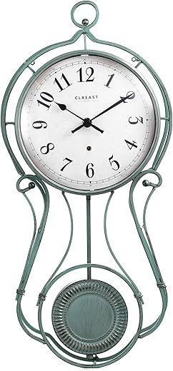 CLXEAST 20 Inch Metal Pendulum Wall Clock Battery Operated,Large Schoolhouse Wall Clocks for Living Room Decor,Antique Aged Teal Green Finish,House Warming Gifts New Home