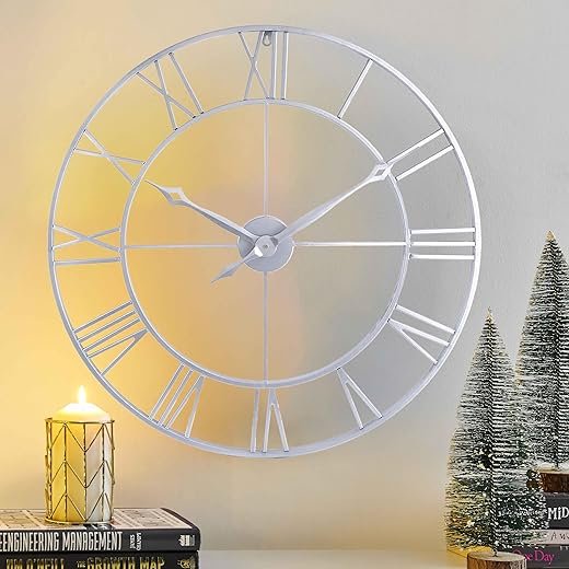 CLXEAST Large Modern 30 Inch Wall Clock Silver, Oversized Big Roman Numeral Metal Wall Clocks for Living Room Decor, Home Office