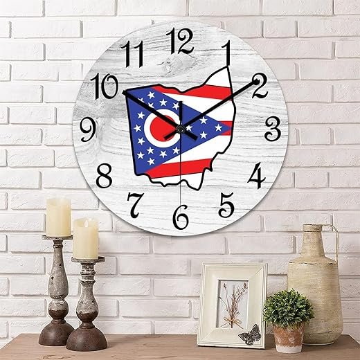 COCOKEN12 Inch PVC Wall Clock Ohio Map Digital Wall Clock Ohio Flag Large Clock Wall Decorations for Bedroom Office School Decorations