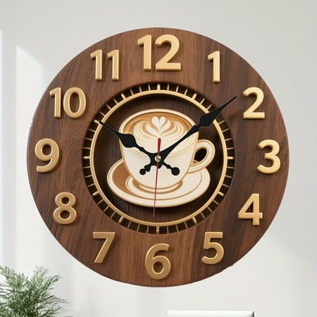 Coffee Cup Wall Art Clock with Steaming Mug & Beans Design - Silent Japanese Quartz Movement, Artificial Wood Round Clock for Home, Cafe, Bar Decor Clock Wall Decor, Kitchen Decoration,
