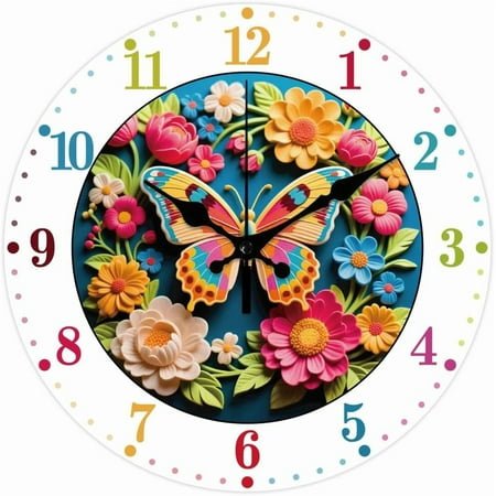 Colorful Butterflies Wall Clock 12 Inch 3D Embossed Style Clock Battery Operated Silent Non Ticking Round Decorative Clock