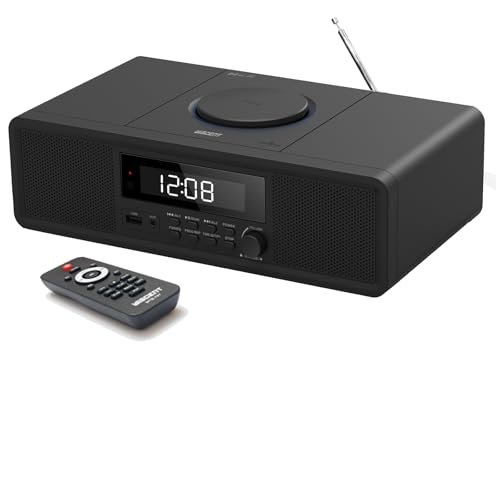 Compact Stereo System with CD Player, Bluetooth, Dual Alarms Clock, FM Radio, 20W RMS Clear Sound, USB/AUX Input, Snooze & Sleep Timer, Remote Control - for Home and Bedroom