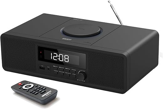 Compact Stereo System with CD Player, Bluetooth, Dual Alarms Clock, FM Radio, 20W RMS Clear Sound, USB/AUX Input, Snooze & Sleep Timer, Remote Control - for Home and Bedroom