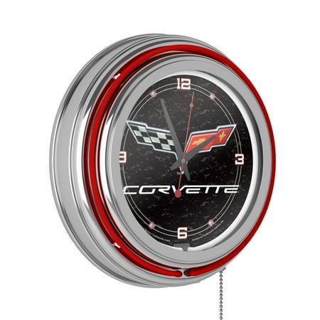 Corvette C6 Black Retro Neon Analog Wall Clock with Pull Chain
