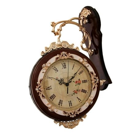 CoudarTitie Double Sided Wall Clock 360 Degree Rotation Decorative Clock for Living Room Bar Brown