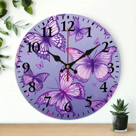 Creowell Round Wooden Wall Clock Butterflies Purple Art 10 Inch 10x10in