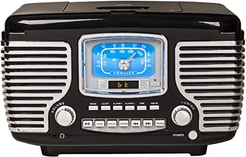 Crosley CR612B-BK Corsair Retro AM/FM Alarm Clock Radio and CD Player with Stereo Bluetooth Speakers, Black