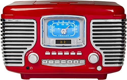 Crosley CR612B-RE Corsair Retro AM/FM Alarm Clock Radio and CD Player with Stereo Bluetooth Speakers, Red