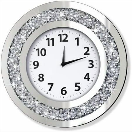 Crystal Crushed Diamond Mirrored Round Wall Clock 16x16x2 inches for Wall Decoration Silver Glass Mirror Clock Sparkle Twinkle Bling Home Decor. AA Battery is not Included.