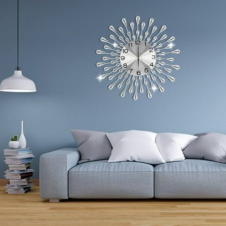 Crystal Large Wall Clock Metallic Wall Watch Living Room Home Decor Modern Gifts Silver for Hallway, Office