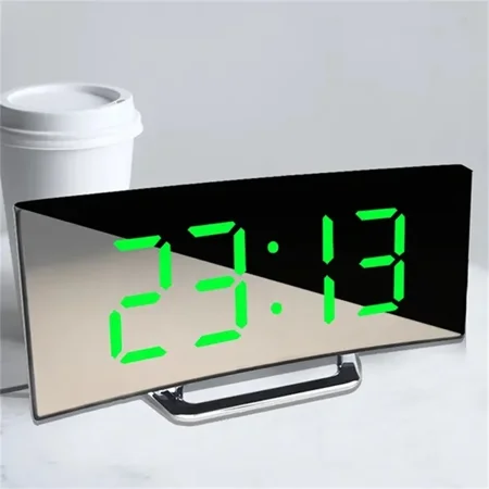 Curved LED Digital Alarm Clock With USB Charging - Large Display Mirror Screen Bedside Clock, Snooze Function, Temperature & Date Display For Bedroom, Desk, Or Nightstand (Multiple Colors)