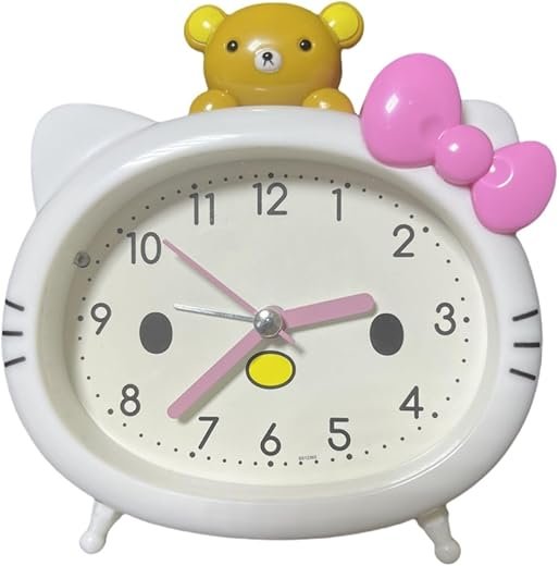 Cute Cat Alarm Clock, Kawaii Alarm Clock，Cartoon Cat Clock，Cute Clock，White with Pink Bow, Yellow Bear Topper, Kids Room Decor (White with Little Bear)