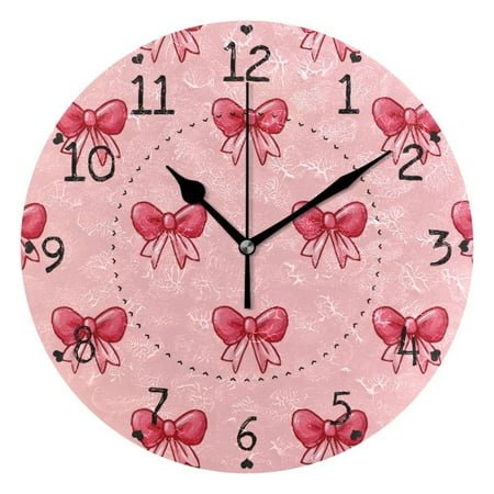 Cute Pink Ribbon Bows Round Wall Clock Silent Analog Battery Operated Black Pointer Home Decor 9.84 Diameter