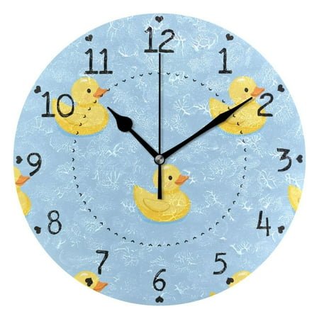 Cute Yellow Rubber Ducks Blue Background Round Wall Clock Silent Analog Battery Operated Black Pointer Home Decor 9.84 Diameter