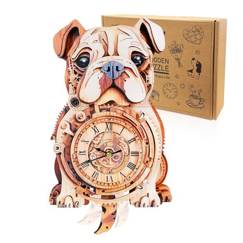 Cutywood 3D Puzzle for Adults Bulldog Clock - Mechanical DIY Wall Clock Kit Model Building Set Hobbies for Women Men Puzzle Home Decor & Stress Relief Craft Unique Gift for DIY Lovers