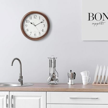 Dark Brown Oak Wall Clock - Quiet Sweep Second Hand, Solid Wood Case, Silent, Non-Ticking, Modern Home Wall Decor for Living Room, Bedroom, Office