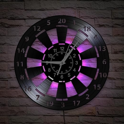 Darts Game Wall Clock, 12 Inch 7 Colors Luminous Dart Board Clock, Silent Quartz Non Ticking Modern Decorative Vinyl Record Night Light Wall Clock for Man Cave Boys Room Game Room Bar