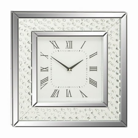 DecMode 2 Silver Wooden Mirrored Wall Clock with Floating Crystals