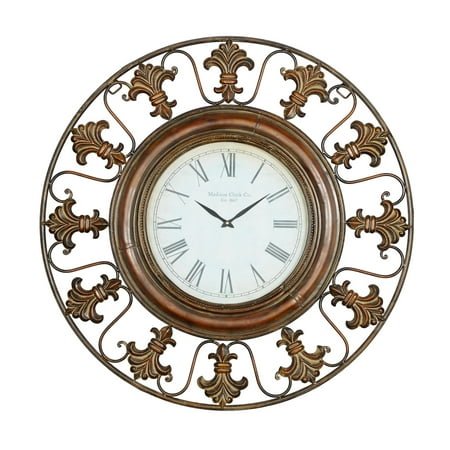 DecMode 38 Brown Metal Fleur De Lis Wall Clock