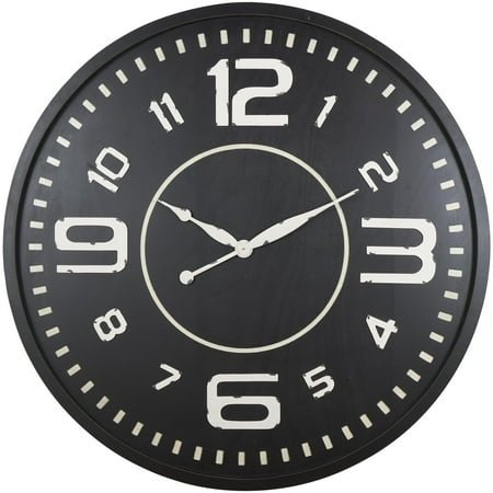 DecMode 59 Black Wooden Large Distressed Wall Clock with White Accents