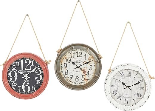 Deco 79 Metal Decorative Wall Clock Set of 3, 11 x 2 x 20, White with Rope accents