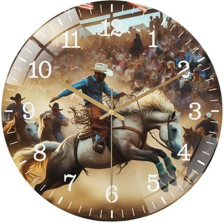 Decorative Clocks: Man on White Horse Bucking with Lasso Glass Wall Clock . Horse Farm Glass Wall Clock，Cowboy Wall Clock. Gift for Her . Home Decor Wall Clock Style 12×12inch(30×30cm)