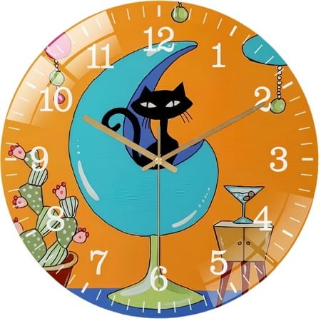 Decorative Clocks： Mid Century Modern Cat Black Cat Glass Wall Clock, Atomic Kitty Art Wall Clock, Art for Cat Lovers Decor Wall Clock for Homes, Bars, Offices, Man Caves, Garages, And Living Rooms.