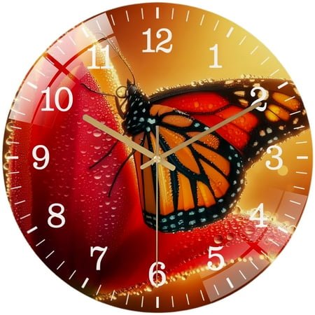 Decorative Clocks: Monarch Butterfly on Tulip Glass Wall Clock ,Flower Home Decor Wall Clock for Homes, Bars, Offices, Man Caves, Garages, And Living Rooms. for Your Home Or Gift Style 12×12inch