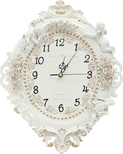Decorative Wall Clock, 12x11In Small Vintage White Wall Clock Battery Operated Silent French Country Decor Wall Clocks for Farmhouse, Kitchen, Bedroom (Oval‌-Carving)