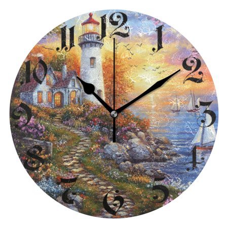 DEIARA Beautiful Lighthouse Burgundy Butterfly Wall Clock 10in Silent Mechanism Battery Operated Retro Style for Living Room Bedroom and Kitchen Black Pointer