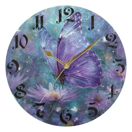 DEIARA Purple Sparkling Butterfly Burgundy Butterfly Wall Clock 10in Silent Mechanism Battery Operated Retro Style for Living Room Bedroom and Kitchen Gold Pointer