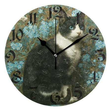 DEIARA Tuxedo Cat Burgundy Butterfly Wall Clock 10in Silent Mechanism Battery Operated Retro Style for Living Room Bedroom and Kitchen Black Pointer