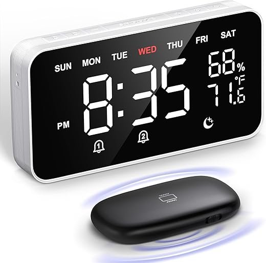 Dekala Bed Shaker Loud Alarm Clock for Heavy Sleepers Adults, Vibrating Dual Alarm Clocks for Bedrooms, Large Display Auto Dimmer,Temperature & Humidity Detect, 7-Day Programmable, Ideal Gift
